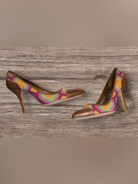 Vintage Prada Colorful Linen & Brown Ostrich Pumps